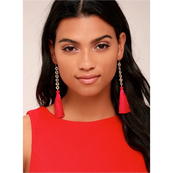 NWT Gold Plated Red Tassel Earrings - Picture 1 of 5
